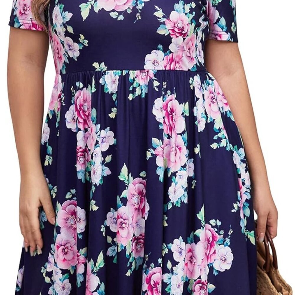 Plus Size Summer Dress Polyester Short Sleeve Cold Shoulder Casual A-line